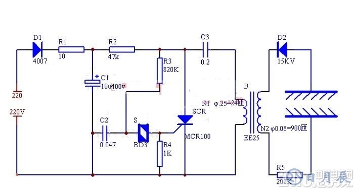 簡易制作負離子發生器電路圖