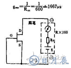 　萬用電表置R×1k檔，然后反復測試管子的三個電極，只要其中兩腳的正、反向測試電阻值相等，約為幾千歐姆時，這兩個極必定是漏、源極。當然為了驗證還得確定剩下那只腳是柵極，該腳對漏、源極中任一腳的正、反向電阻應是不一樣大的（PN結），若—樣，說明該管是壞的。