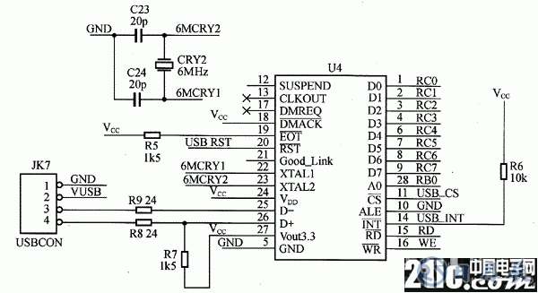 PDIUSBD12與PlCl6F877單片機的接口原理電路圖